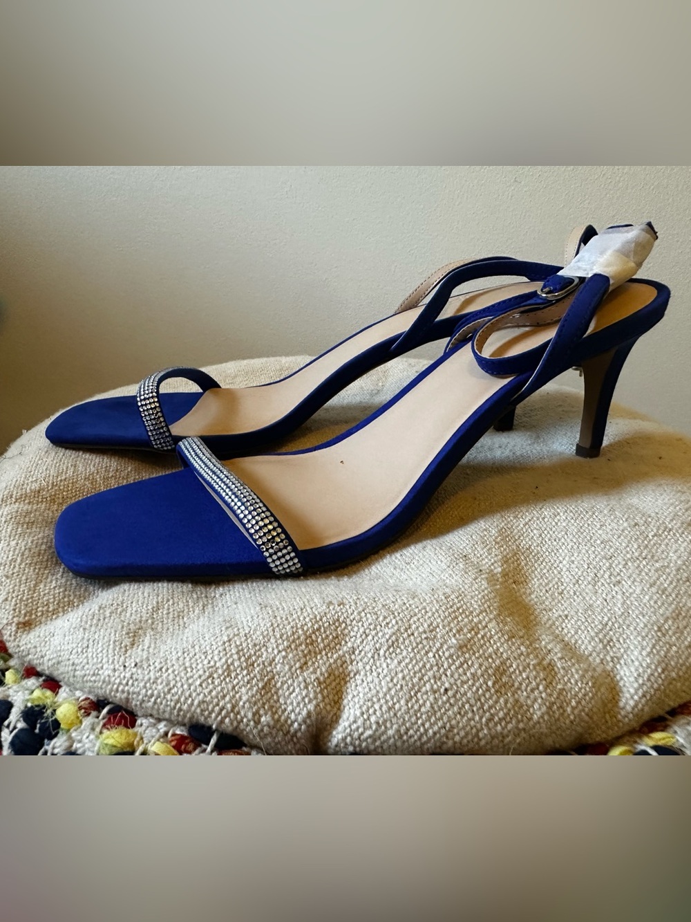 LOFT Cobalt Blue Rhinestone Strap Slingback Heels Satin 11 NIB